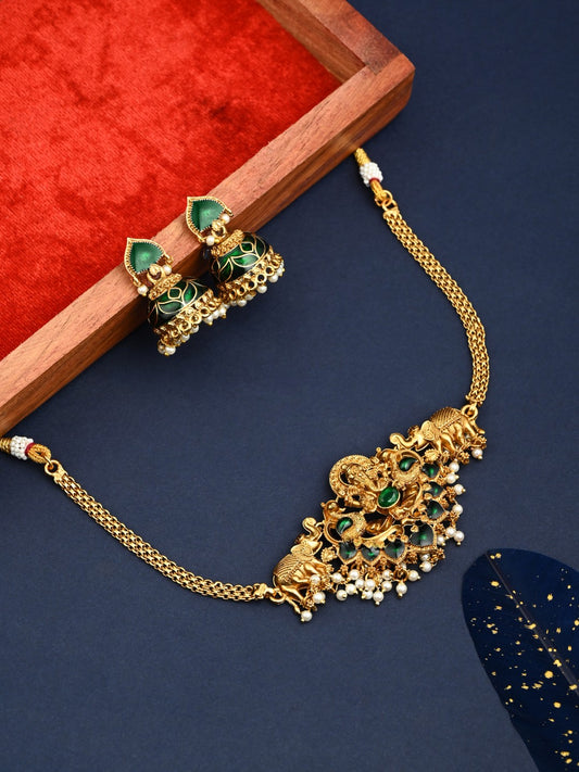 Traditional Temple Lord ganesha Necklace Set with Earrings Green