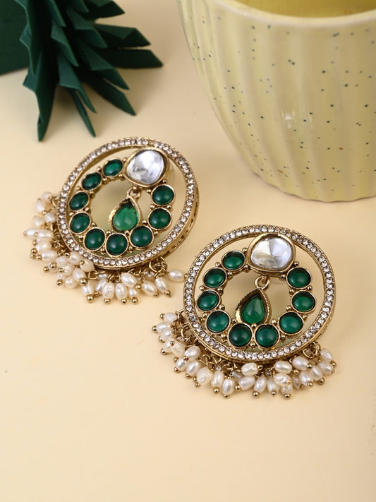 Regal Kundan Pearl Chandbali Earrings - Green