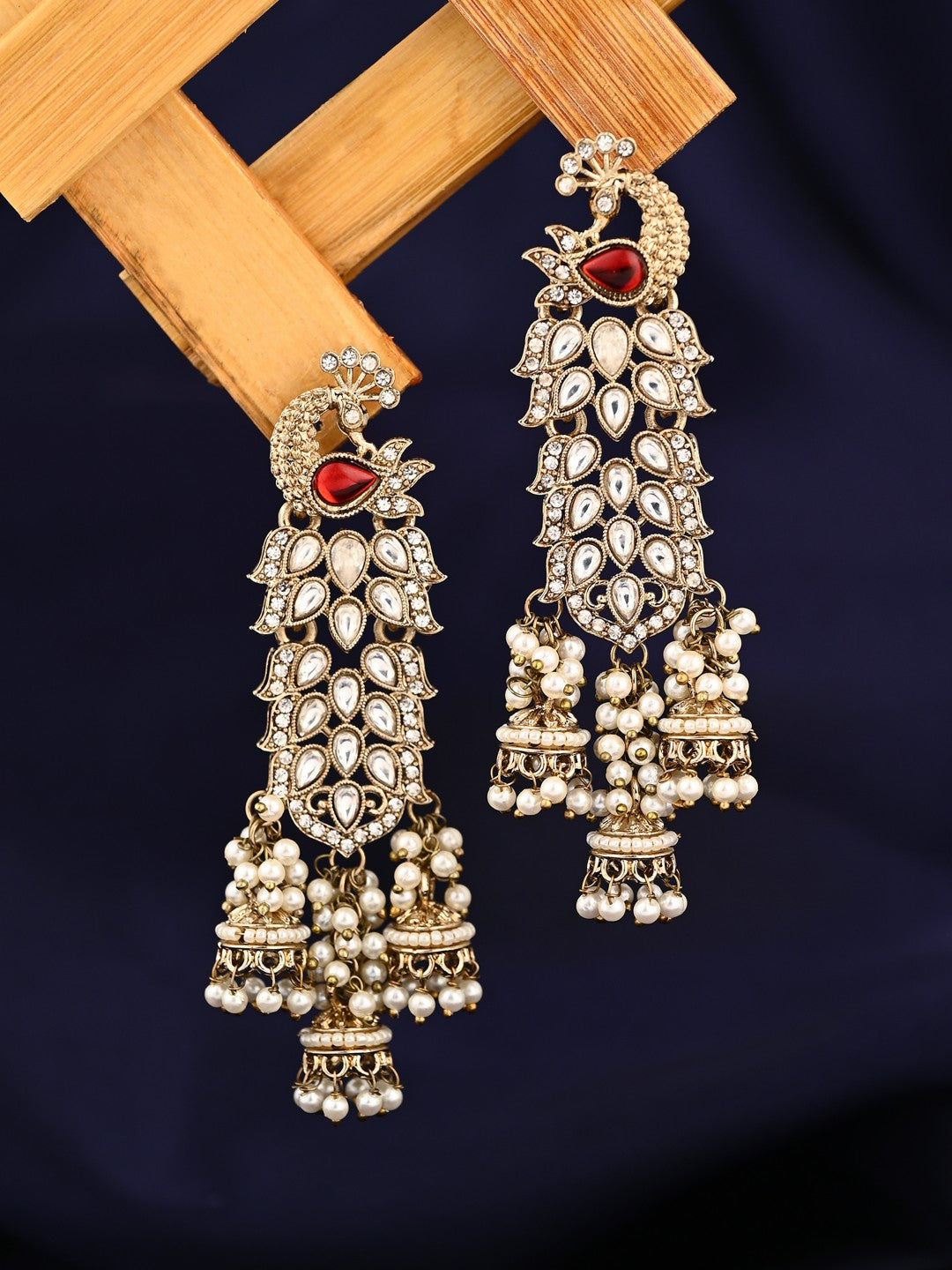 Gold-Toned Drop Earrings with  Stone Accents Red