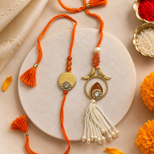 Bhai Bhabhi Rakhi Set with Pearl Tassel Lumba Yellow