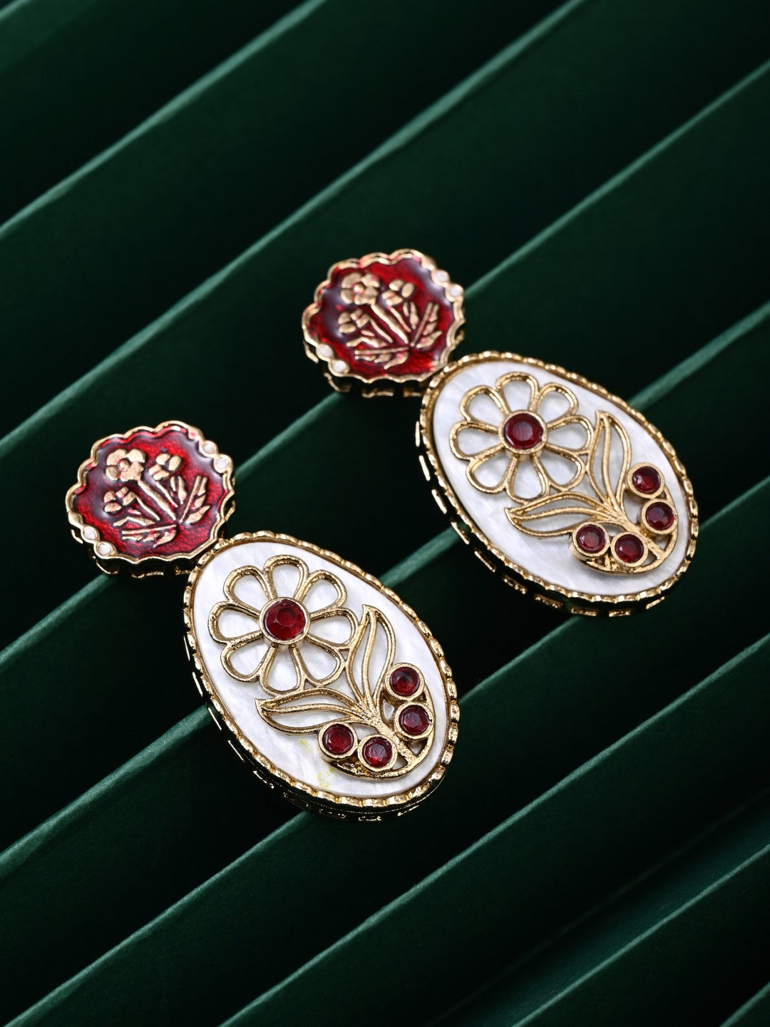 MOP Meenakari Floral Drop Earrings - Red