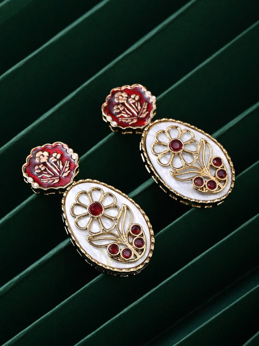MOP Meenakari Floral Drop Earrings - Red