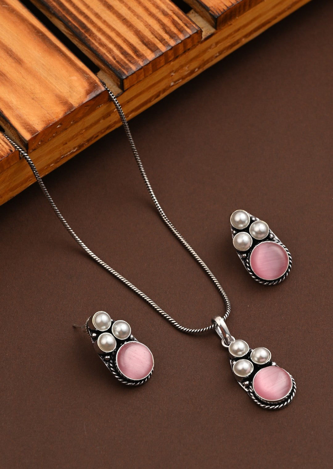 Silver Oxidised finish Pearl & Stone  pendant Set Pink