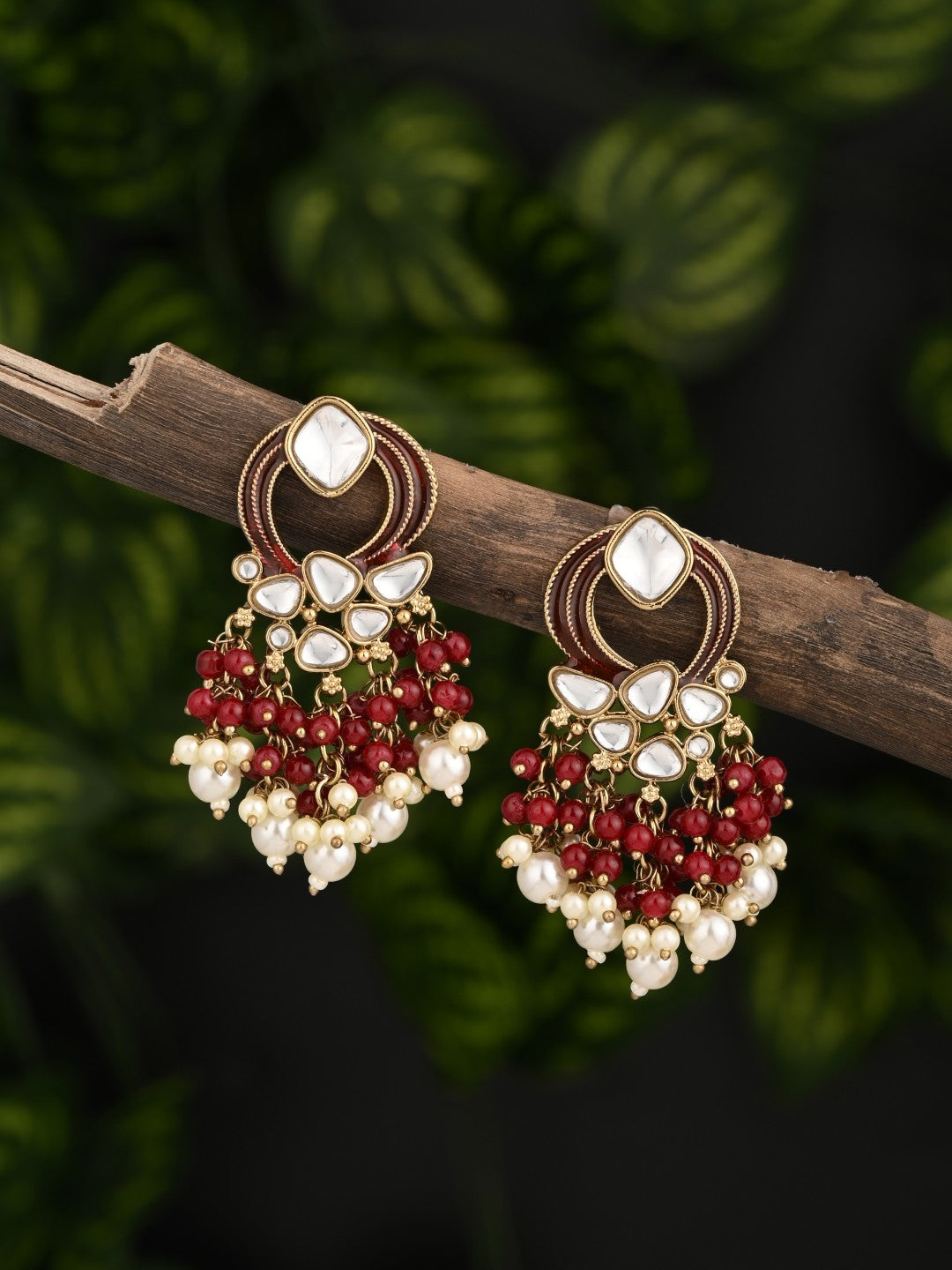 Gold-Plated Meenakari Stud Earrings with Kundan & Pearl Cluster drops - Red