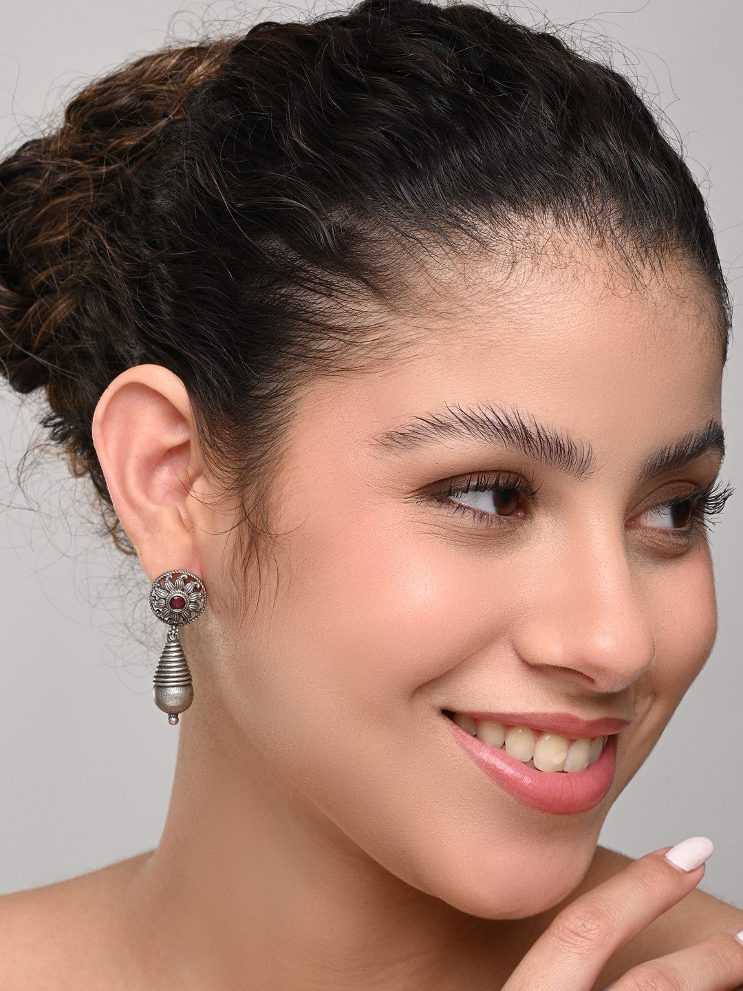 Oxidized Sun Motif Ruby Drop Earrings