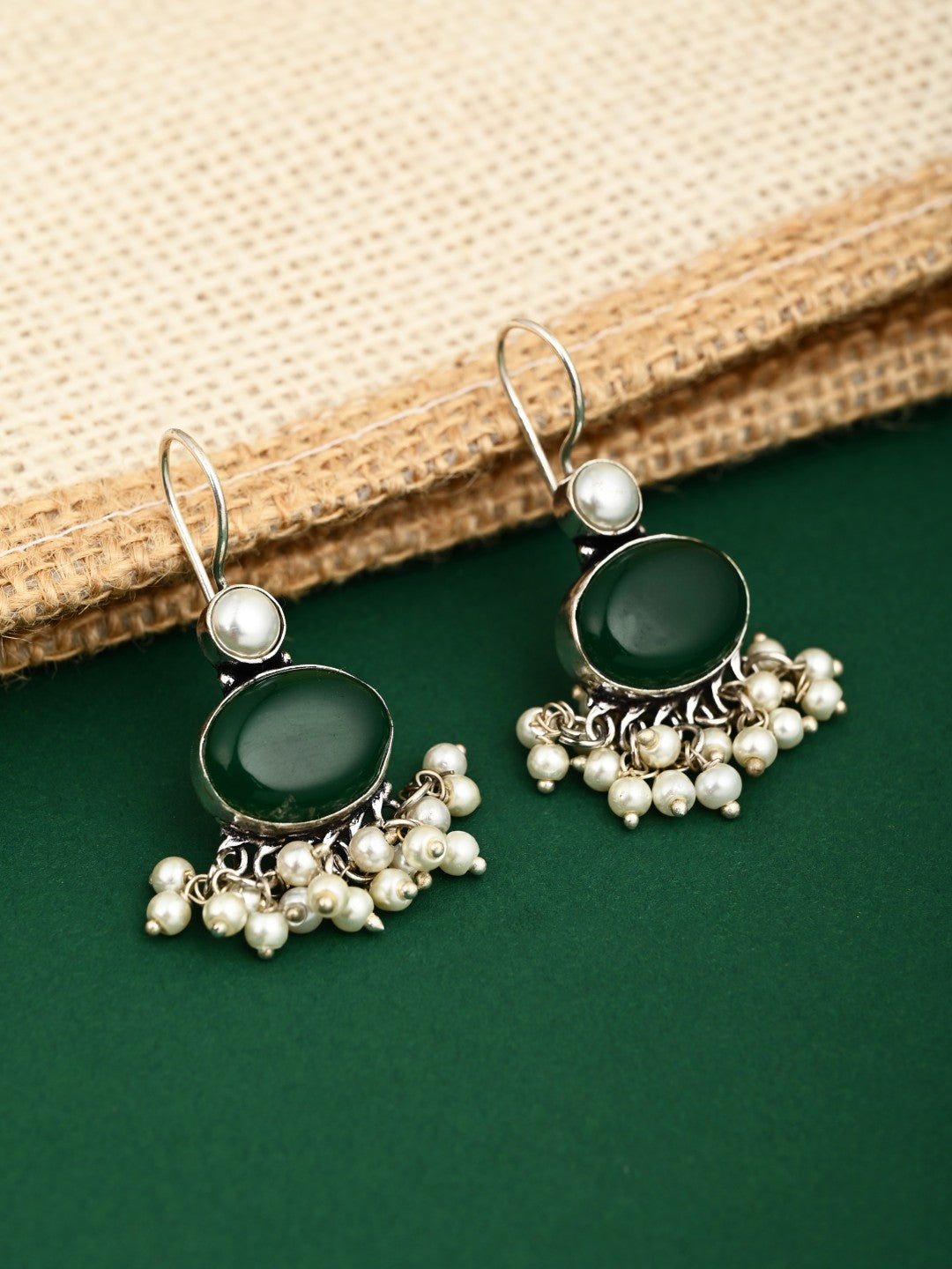 Green Stone Pearl Fringe Drop Earrings
