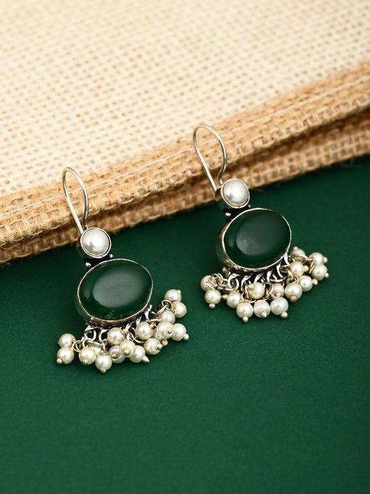 Green Stone Pearl Fringe Drop Earrings