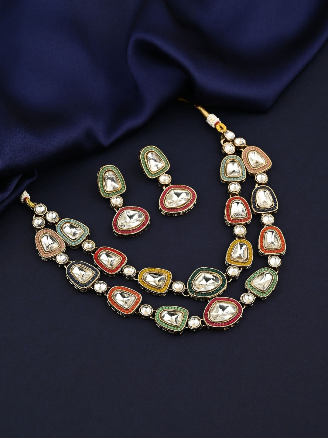 Multicolour Kundan Gold-Tone Necklace & Earrings Set