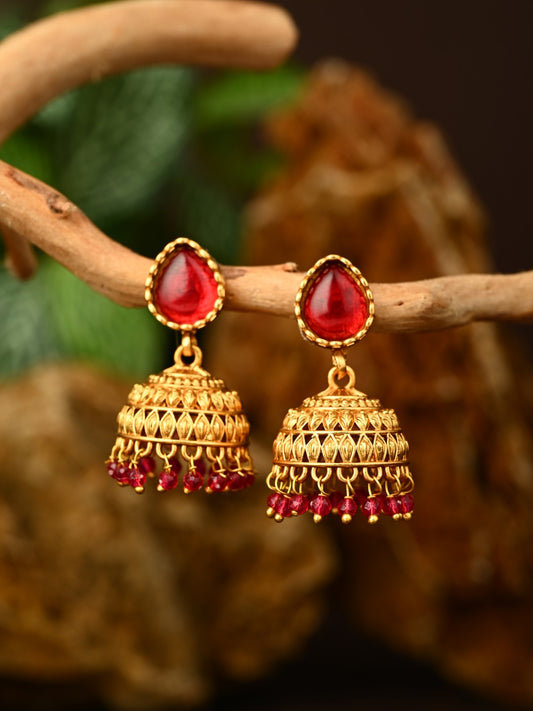 Teardrop Shaped Gold plated Jhumkas Earrings Red