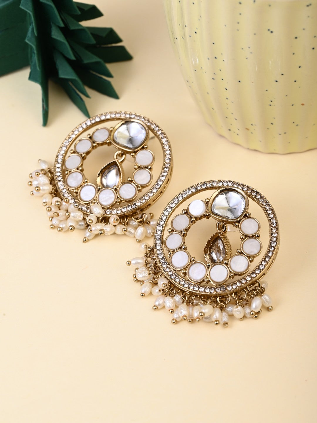 Regal Kundan Pearl Chandbali Earrings - White