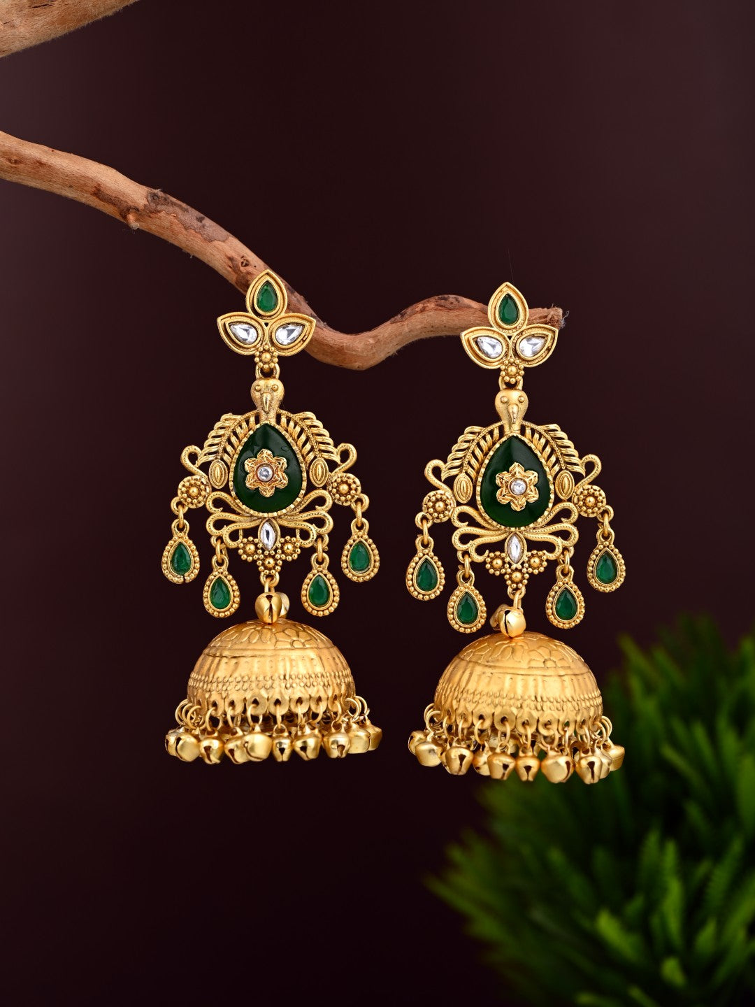 Emerald Green Temple Jhumka Earrings with Ghungroo Drops