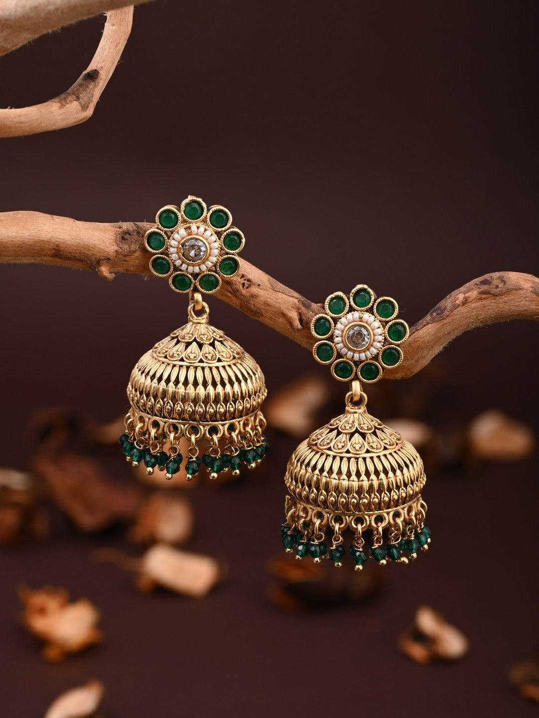 Emerald Bloom Copper Jhumka Earrings