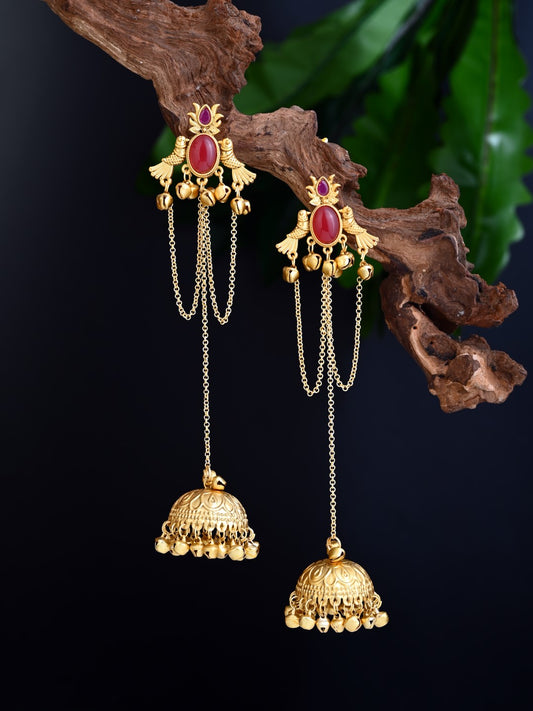 ruby Red Temple Jhumka Earrings with Chain Tassels