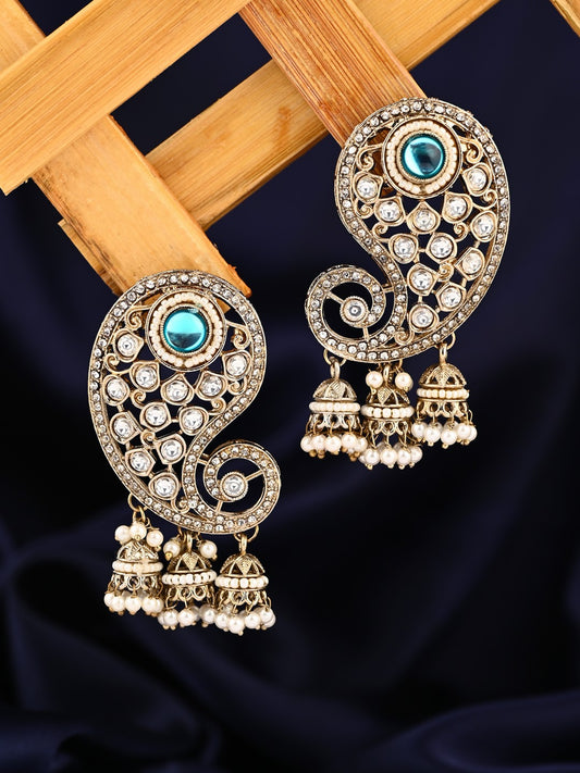 Gold-Toned Paisley Stud Earrings with Stones and Pearl jhumka Drops