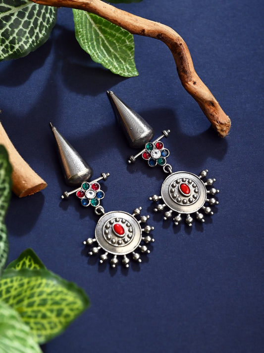 Oxidised Tribal Sun Motif Drop Earrings