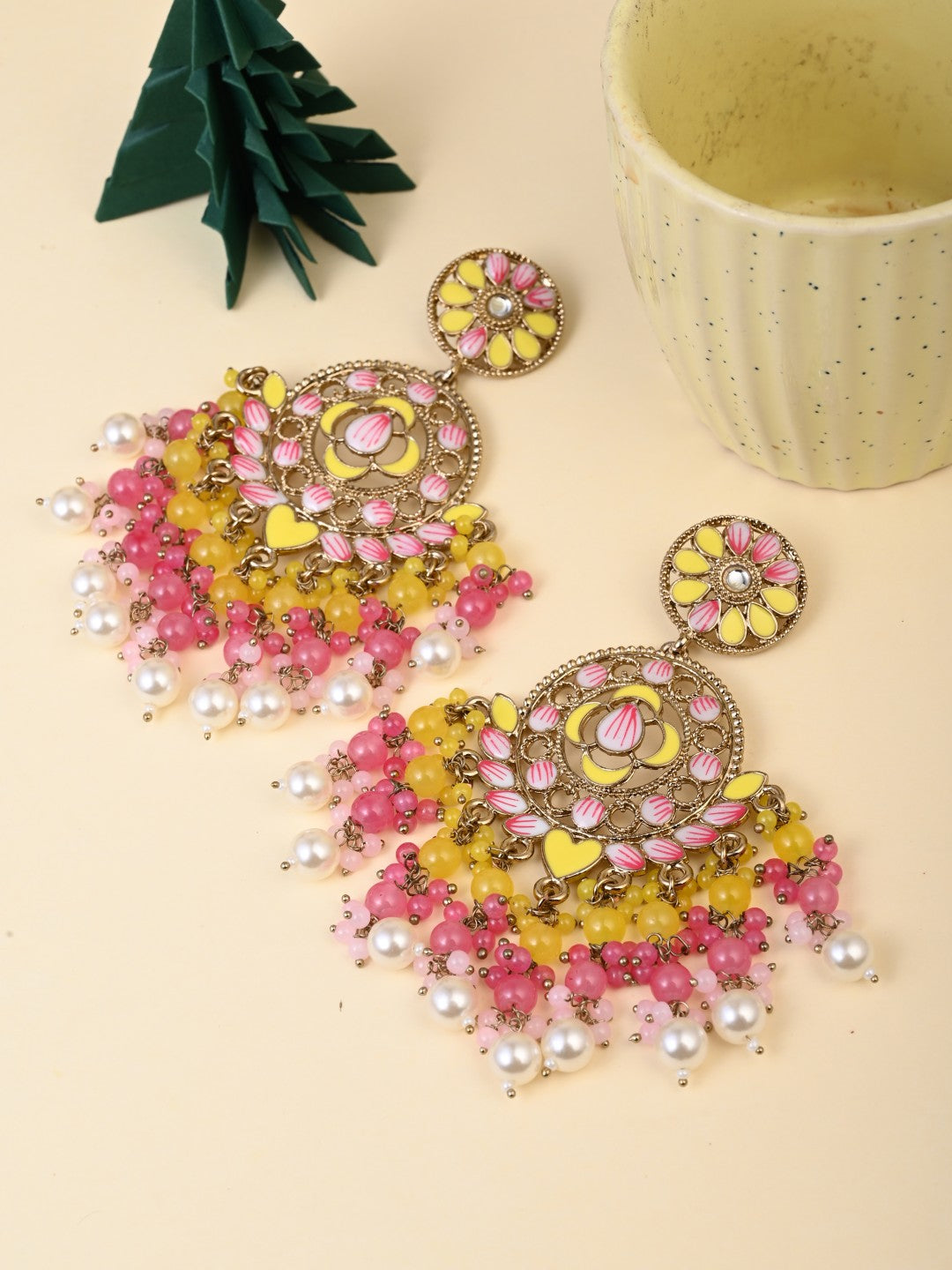 Vibrant Yellow & Pink Chandelier Pearl Drop Earrings