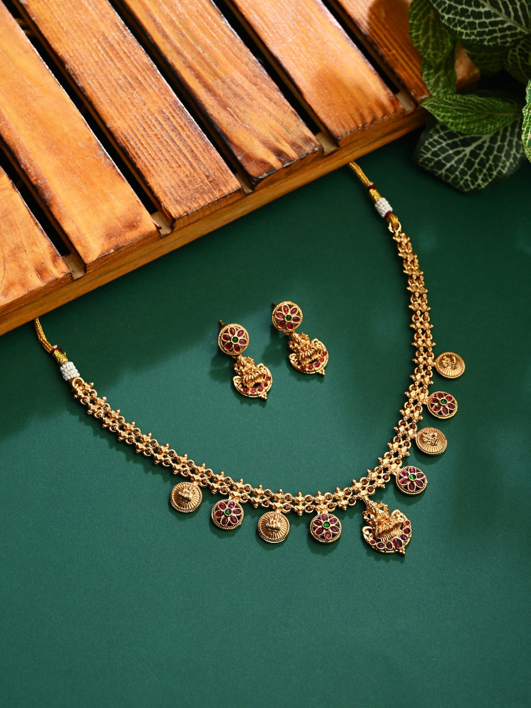 Antique Gold Floral Coin Necklace Set with Kundan Jhumka Earrings
