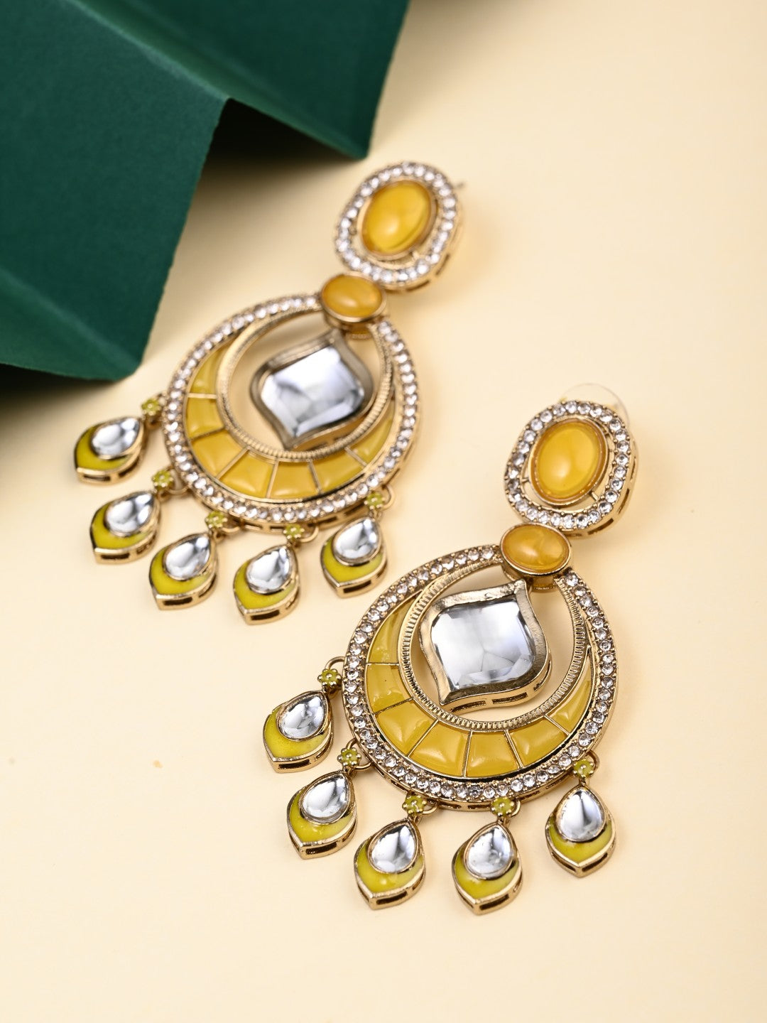 Kundan Chandbali Earrings with Teardrop Danglers- Yellow