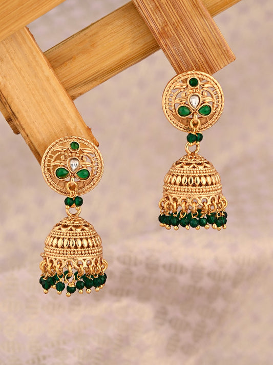 Green Stone Gold-Toned Jhumka Earrings