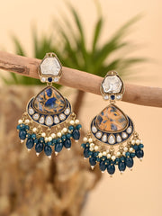 Gold plated two tone stone drop earring - Blue