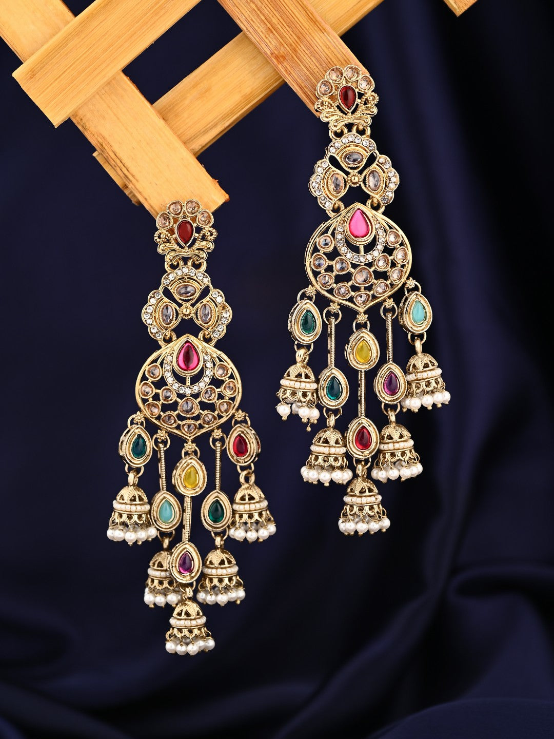 Gold-Toned Multicolour Kundan Chandelier Earrings
