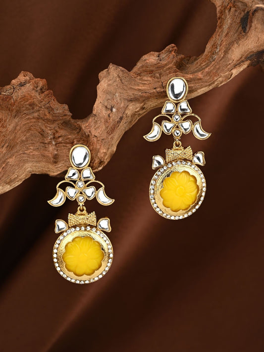 Aarna Yellow Floral Kundan Drop Earrings