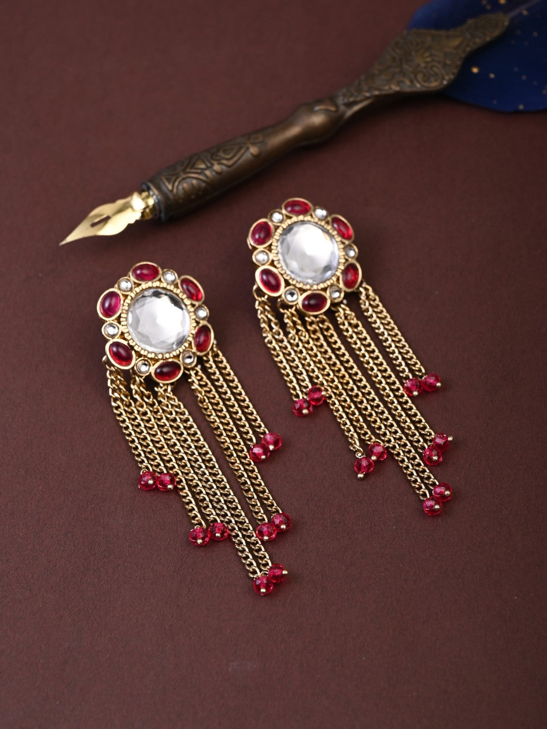 Kundan Tassel Drop Earrings - Pink