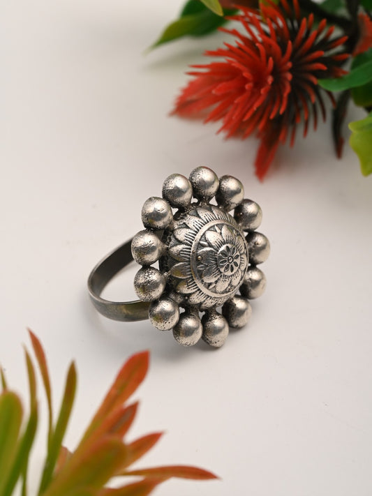 Handcrafted Oxidised Silver Floral Statement Ring