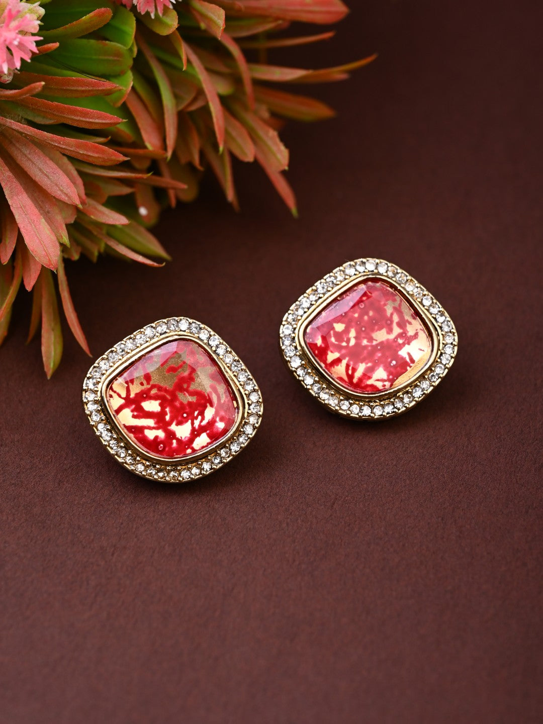 Heritage-Inspired Stone Stud Earrings - Red