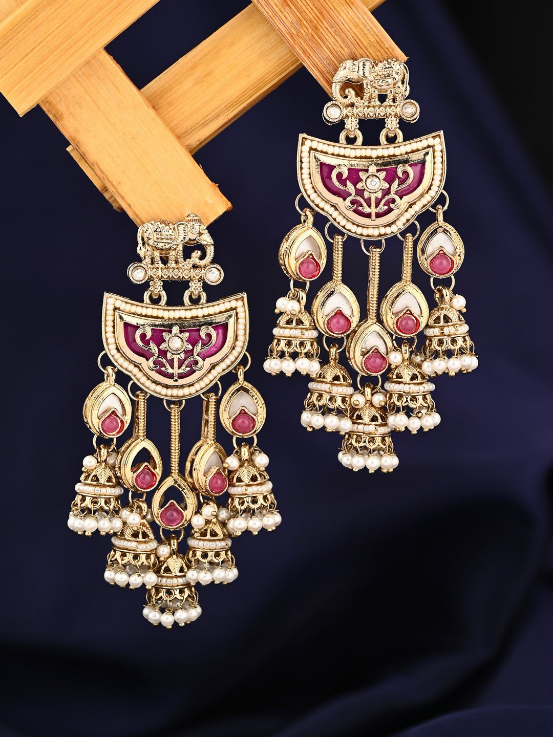 Gold-Toned MOP Chandelier Earrings with Jhumka Drops Pink