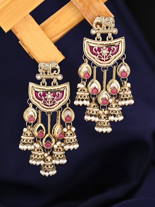 Gold-Toned MOP Chandelier Earrings with Jhumka Drops Pink