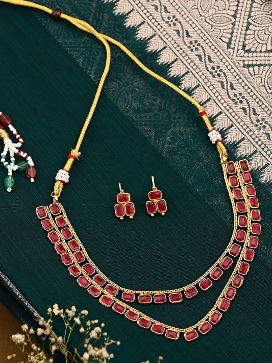 Ruby Royale Double-Layer Gold-Tone Necklace & Earrings Set