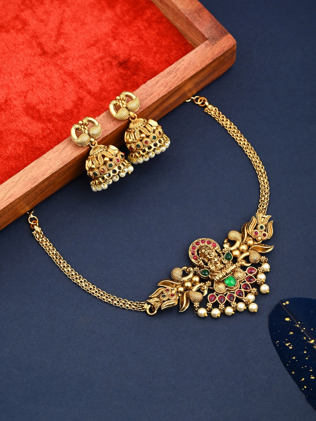 Traditional Gold Temple Jewelry Necklace Set with Earrings