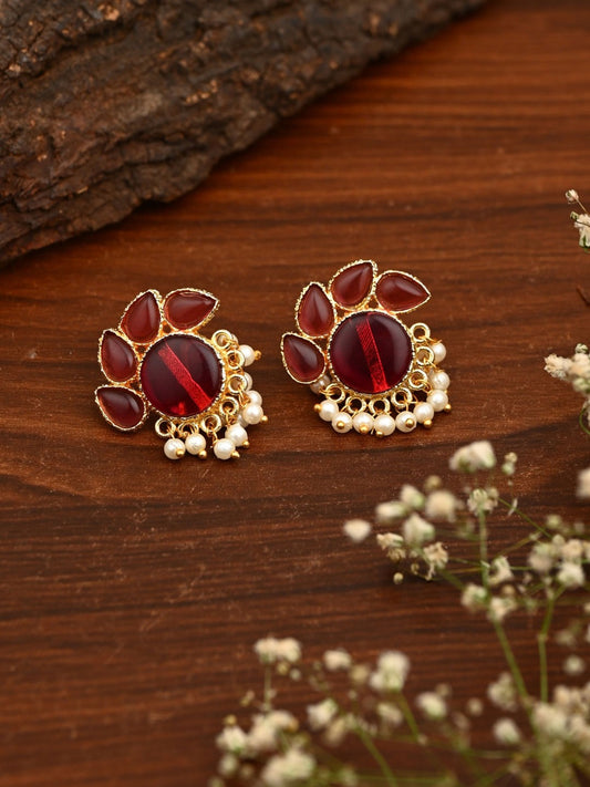Stone Gold-Toned Earrings with Pearl Drops - Red
