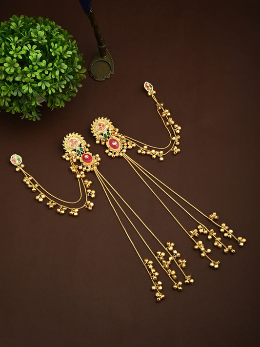 Gold plated, long Kashmiri earring with Ear chains
