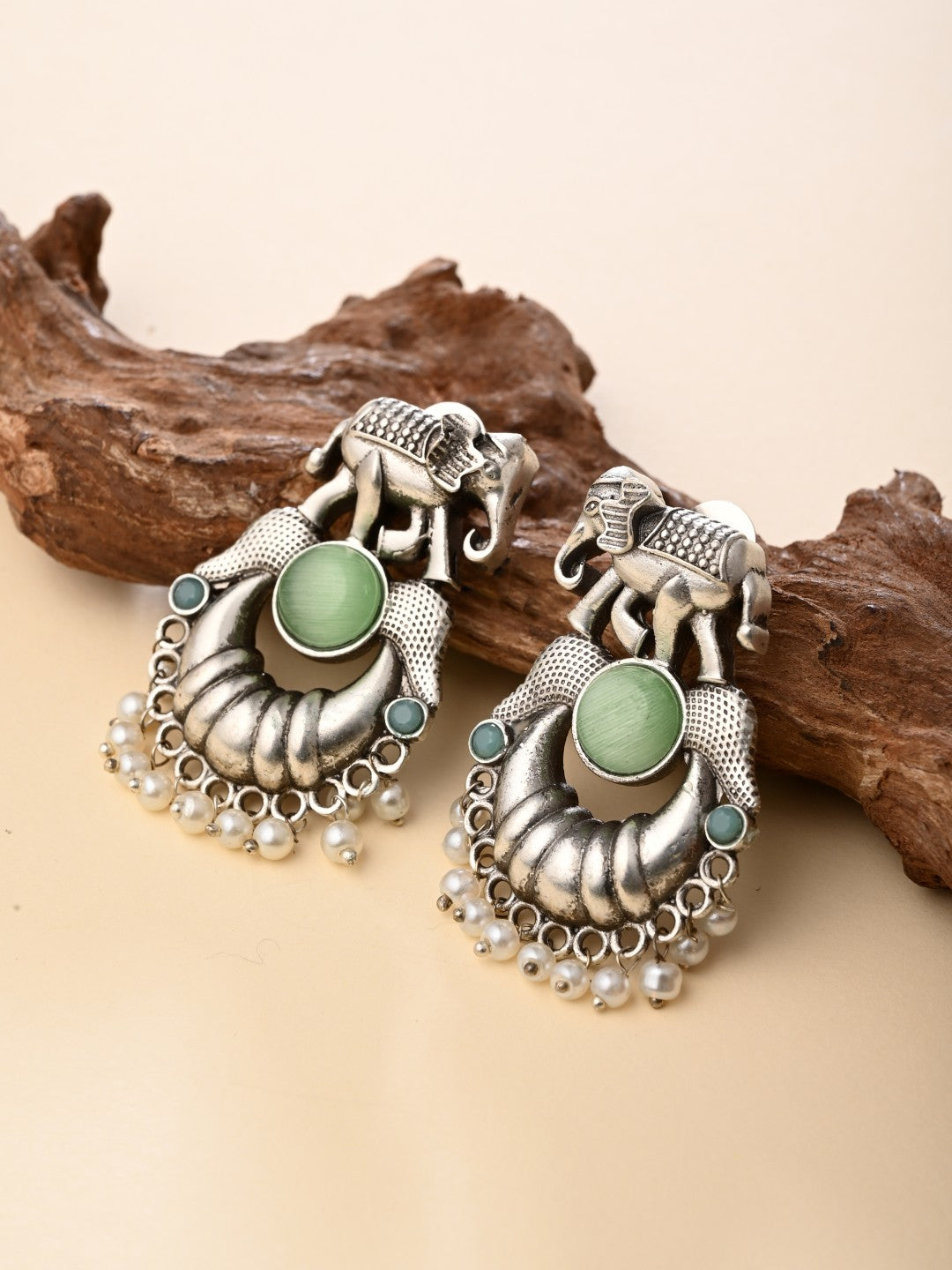 Oxidised Silver Elephant Motif Earrings with Mint Stone