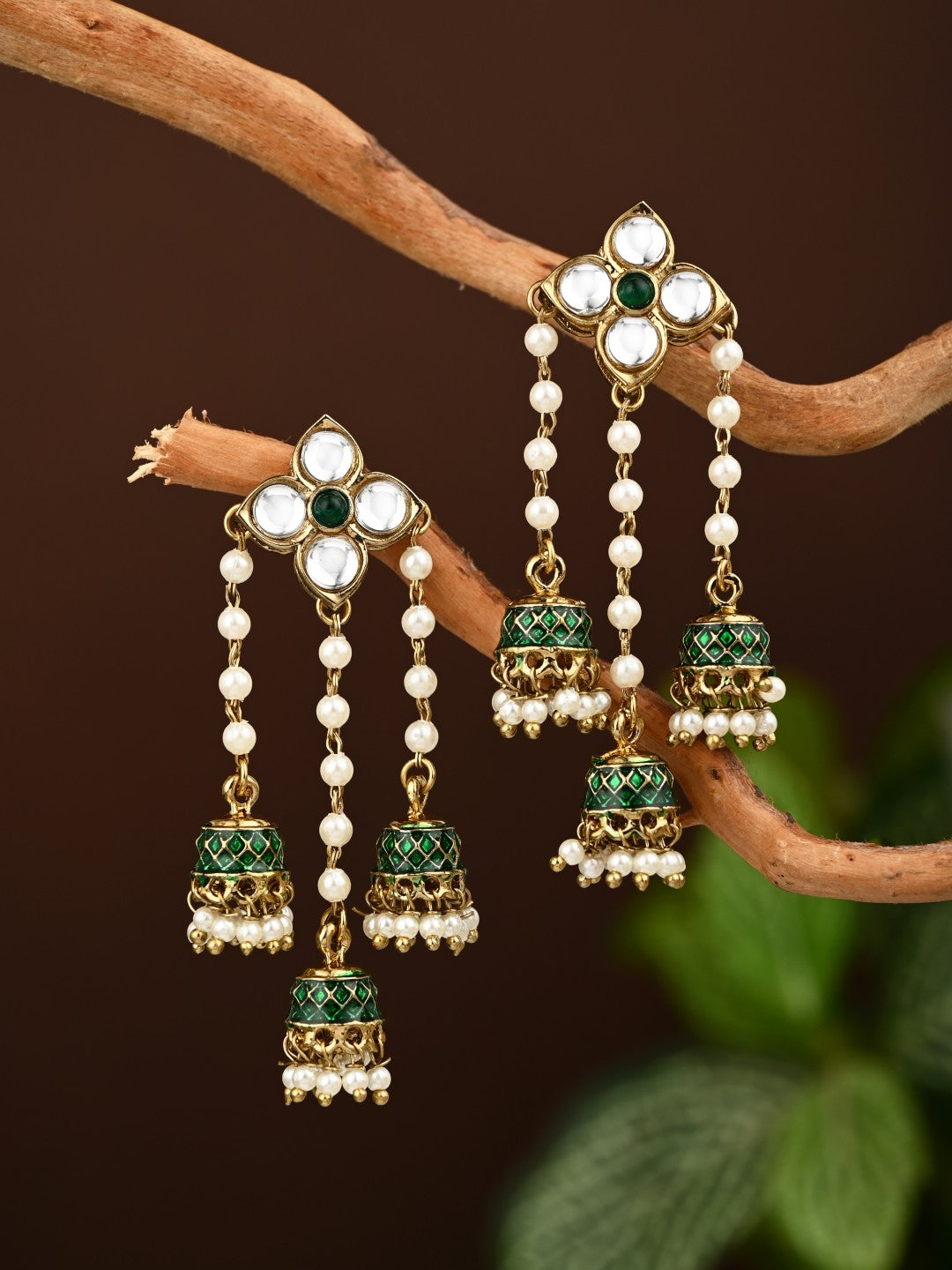 Kundan Pearl Tassel Statement Earrings - Green