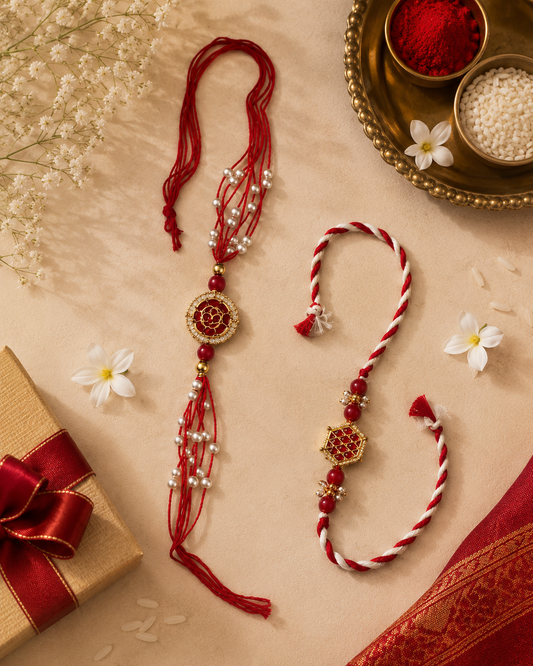 Regal Red & Pearl Rakhi Set