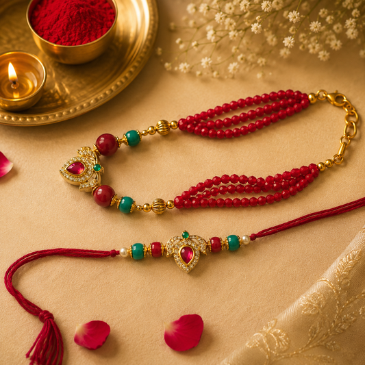 Ruby Teardrop Bhai Bhabhi Rakhi Set with Crystal Beads & Lumba
