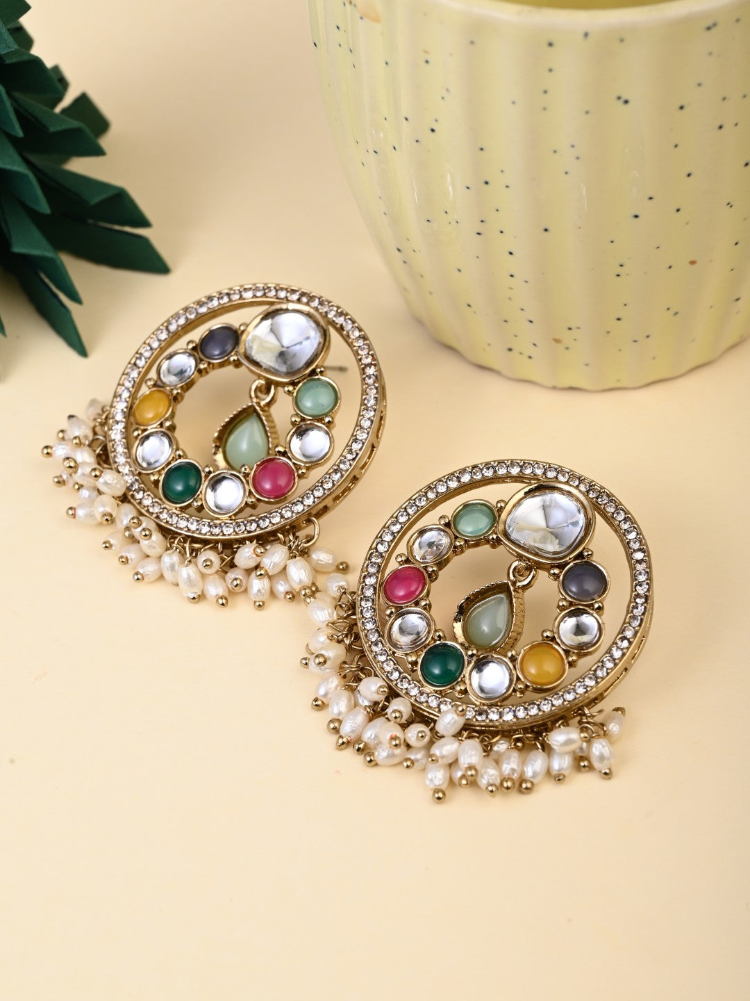 Regal Kundan Pearl Chandbali Earrings - Multi