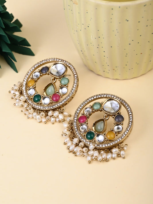 Regal Kundan Pearl Chandbali Earrings - Multi