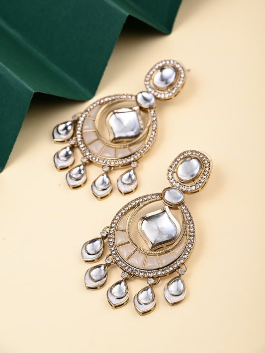 Kundan Chandbali Earrings with Teardrop Danglers- White