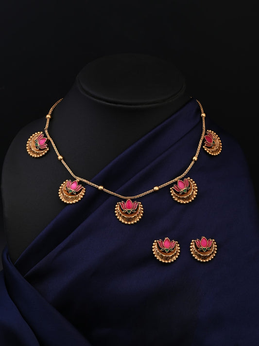 Antique Gold-Tone Pink Lotus Necklace Set