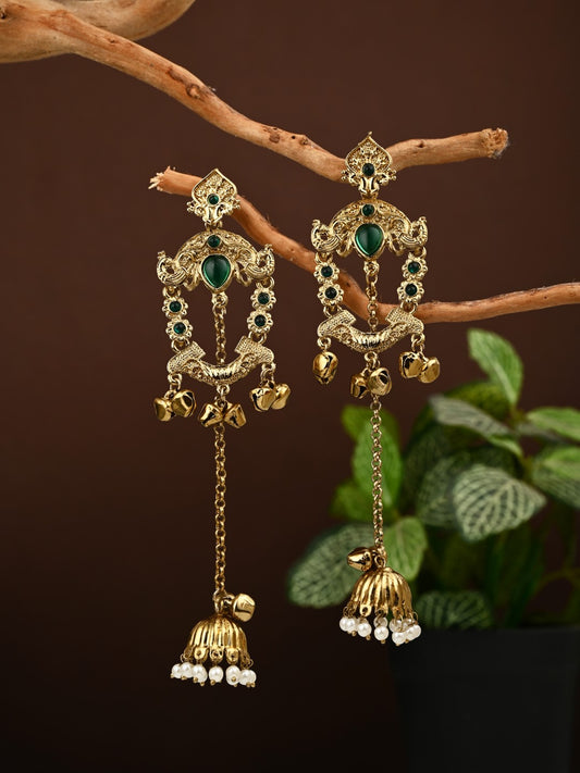 Green Kundan Chandbali Jhumka Drop Earrings