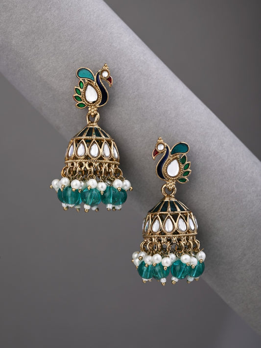 Peacock-inspired jhumka earrings- Blue