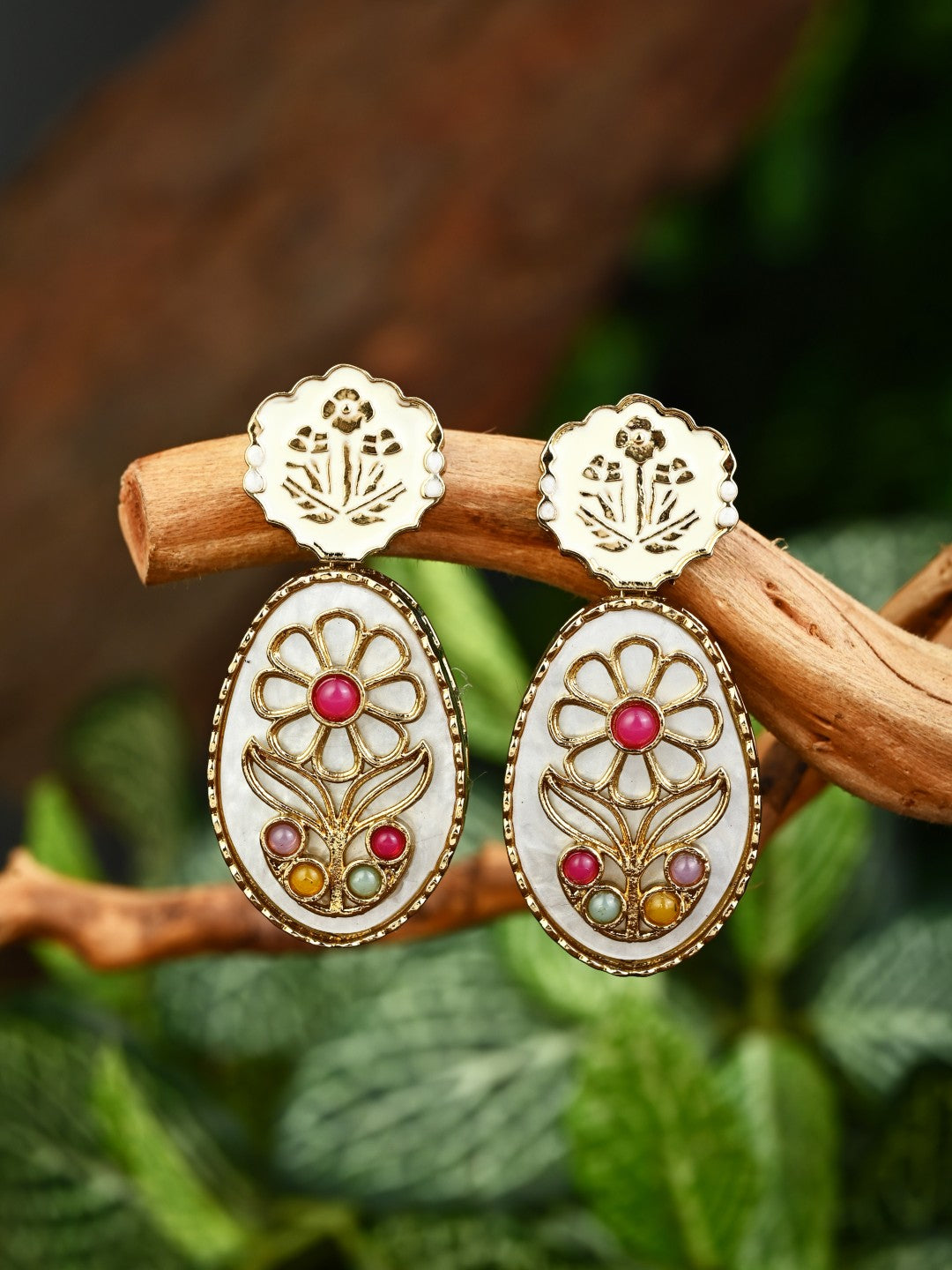 MOP Meenakari Floral Drop Earrings - Multi