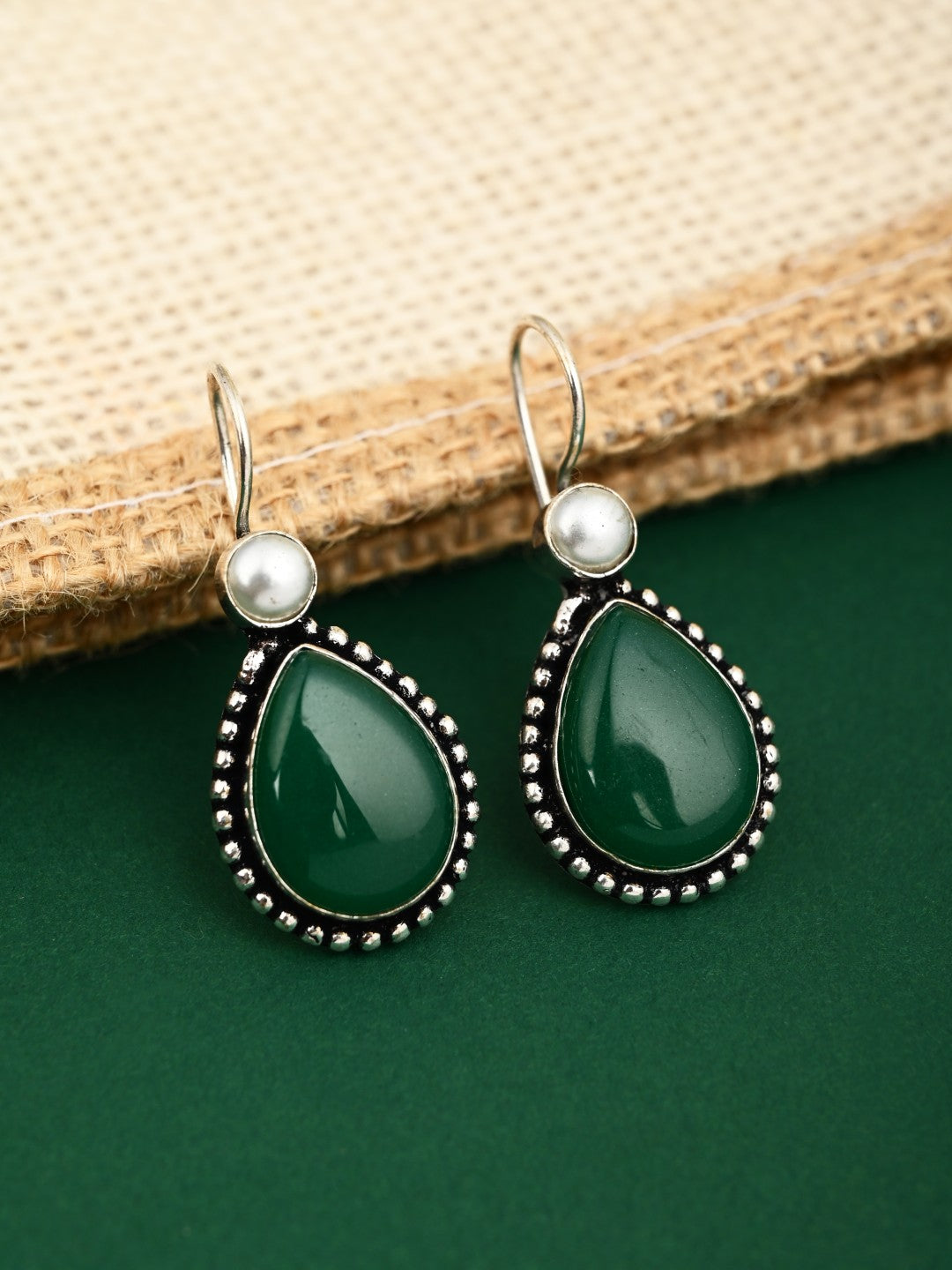 Silver Oxydised Green drop earring