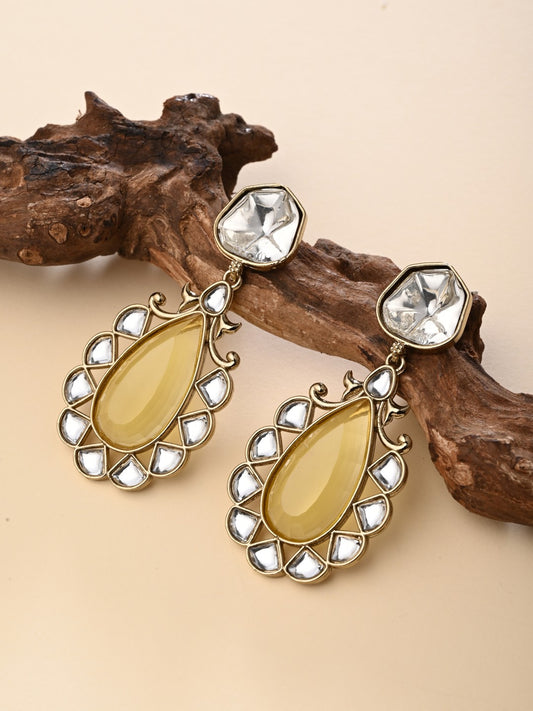 Gold-Plated Yellow Kundan Teardrop Earrings for Women