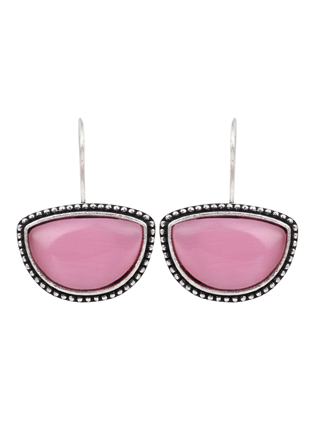 Silver Oxidized Drop Earrings with Pink Monalisa Stone