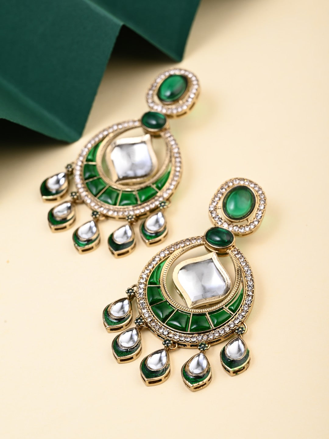 Kundan Chandbali Earrings with Teardrop Danglers- Green